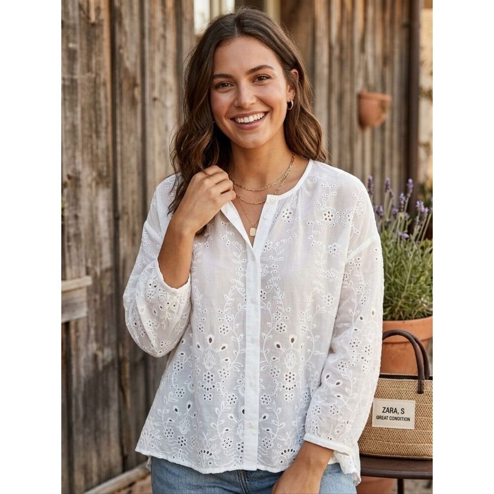 ZARA Romantic White Cutwork Lace Semi-Sheer Shirt - Small